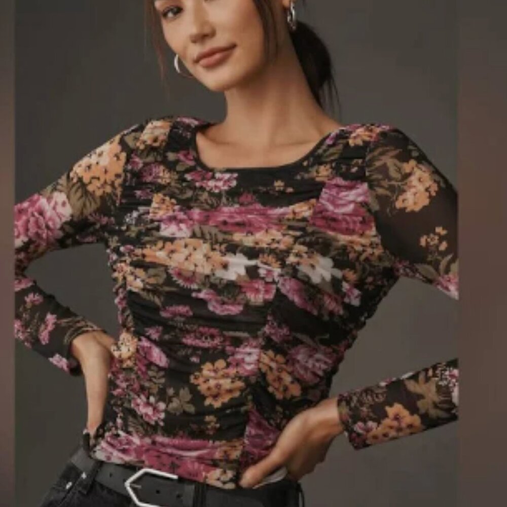 Maeve Long-Sleeve Sheer Ruched Black & Pink 🌸Floral Top in Large